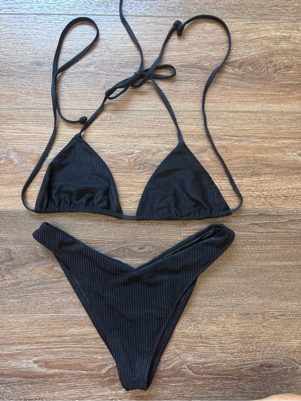 Frankie’s Bikinis Black Ribbed Triangle Bikini Set - Women Swim